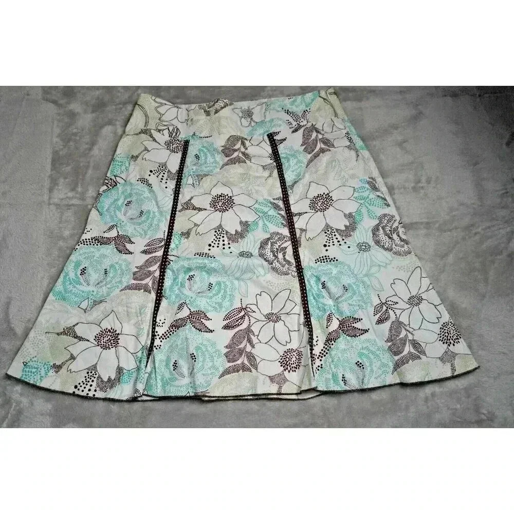 Vintage Skirt Womens White Blue Brown Floral Midi Cottage Retro Y2K Size 9 EUC